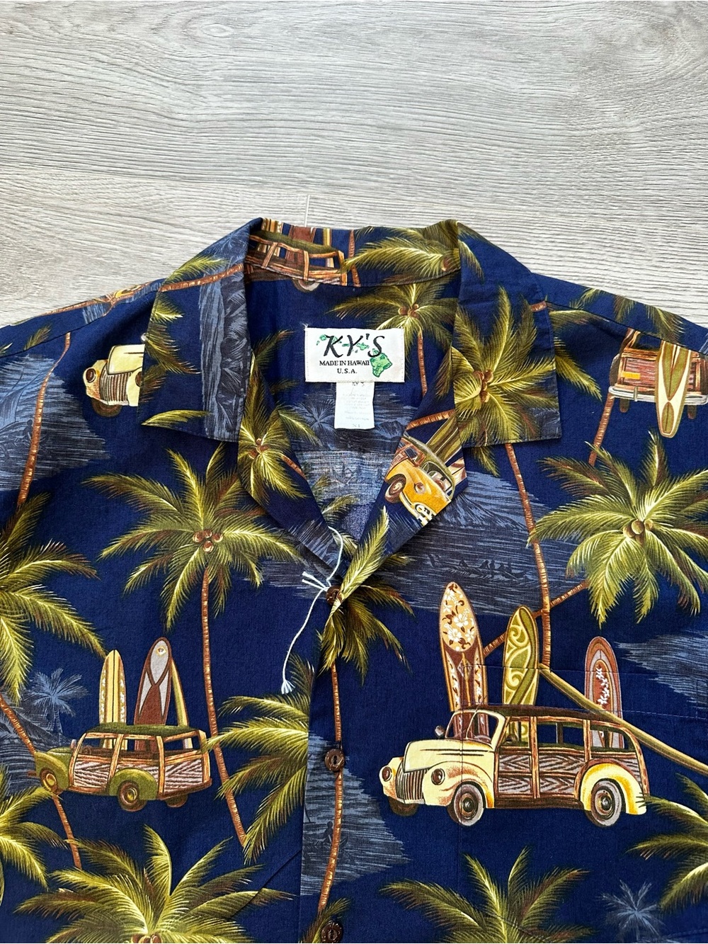 Vtg KY'S Made in Hawaii USA Woodie Wagon Surf Aloha Shirt Men's XL 100% Cotton